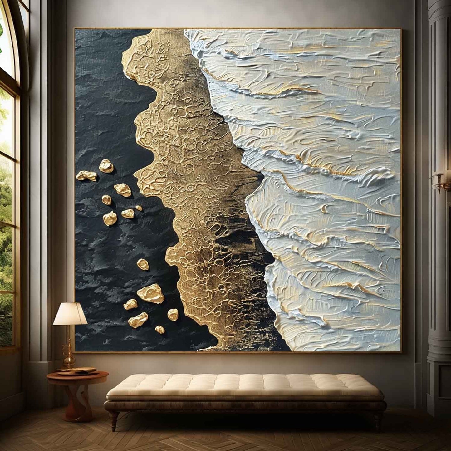 Textured Coastal Abstract Oil Painting with Gold and White Accents