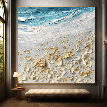 Textured Coastal Scene Oil Painting with Beach and Waves