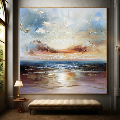 Serene Coastal Sunset Oil Painting for Elegant Home Decor