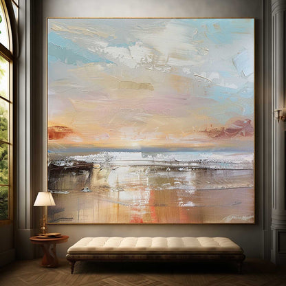 Serene Coastal Landscape Oil Painting with Soft Pastel Hues for Home Decor