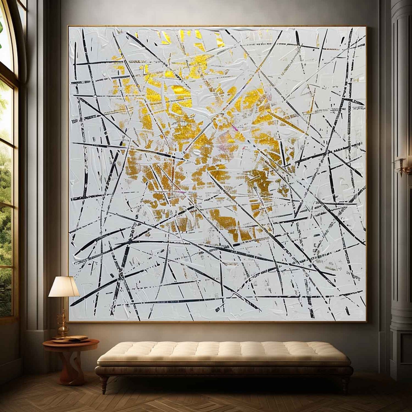 Stunning Gold-Accent Abstract Expressionist Oil Painting for Modern Decor