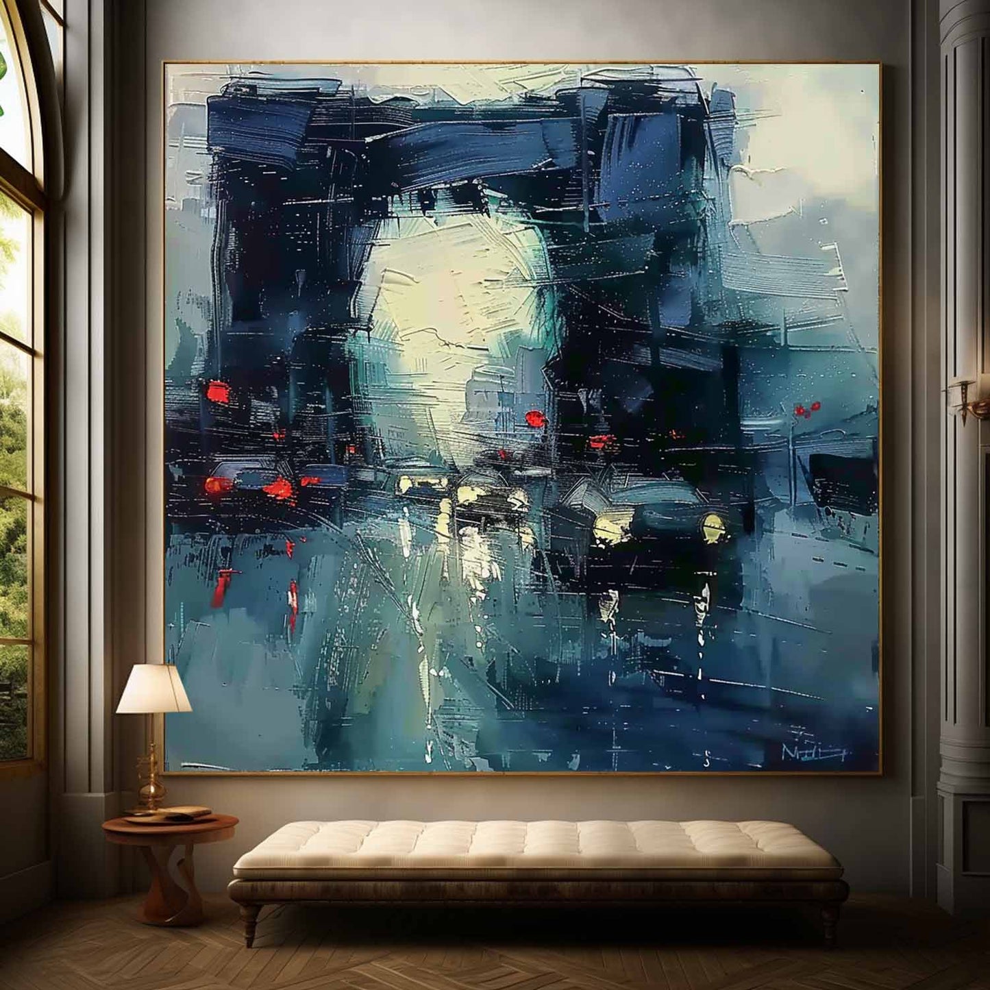 Vibrant City Lights Oil Painting – Modern Abstract Artwork for Home Decor