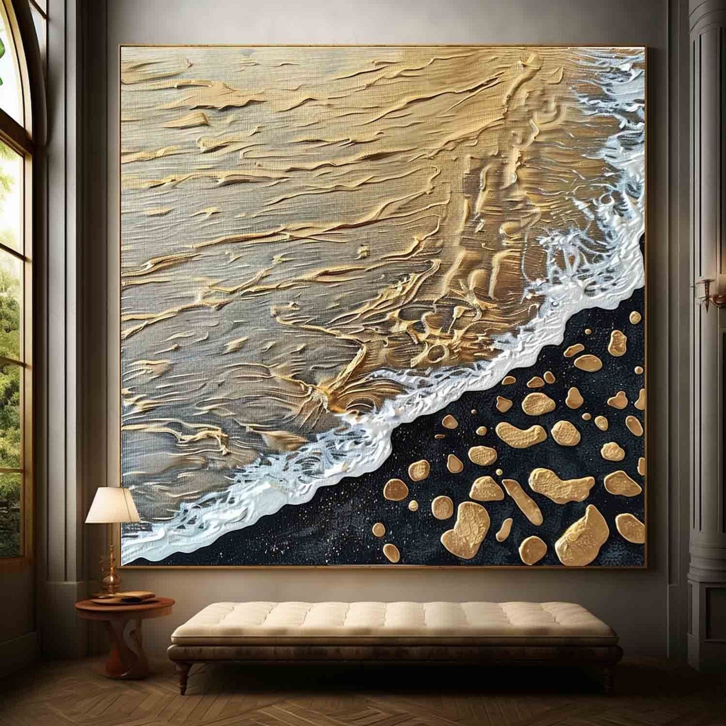 Golden Beach Waves Abstract Oil Painting with Textured Details