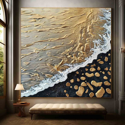 Golden Beach Waves Abstract Oil Painting with Textured Details