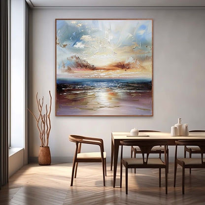 Serene Coastal Sunset Oil Painting for Elegant Home Decor