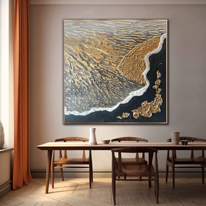 Textured Abstract Oil Painting of Waves and Shoreline in Gold and Black Tones