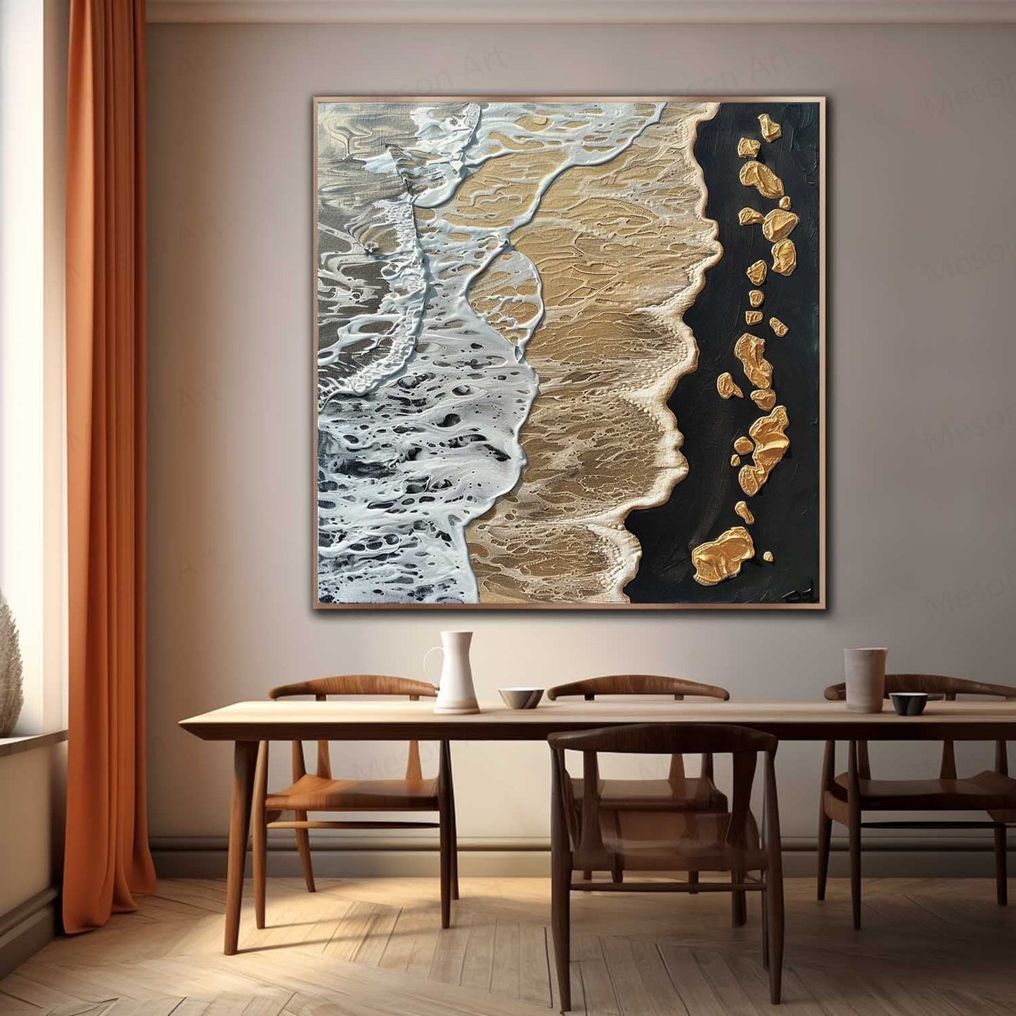 Textured Coastal Waves Oil Painting with Golden Accents for Modern Decor