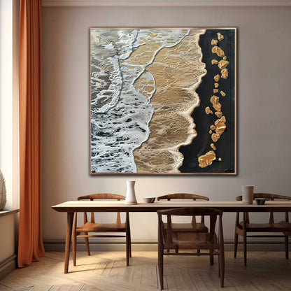 Textured Coastal Waves Oil Painting with Golden Accents for Modern Decor