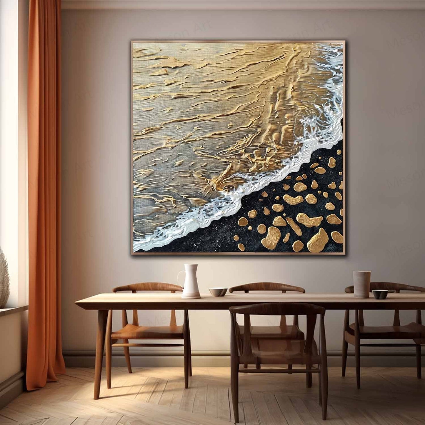 Golden Beach Waves Abstract Oil Painting with Textured Details
