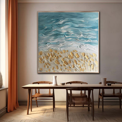 Coastal Serenity Textured Oil Painting with Waves and Golden Sand Accents