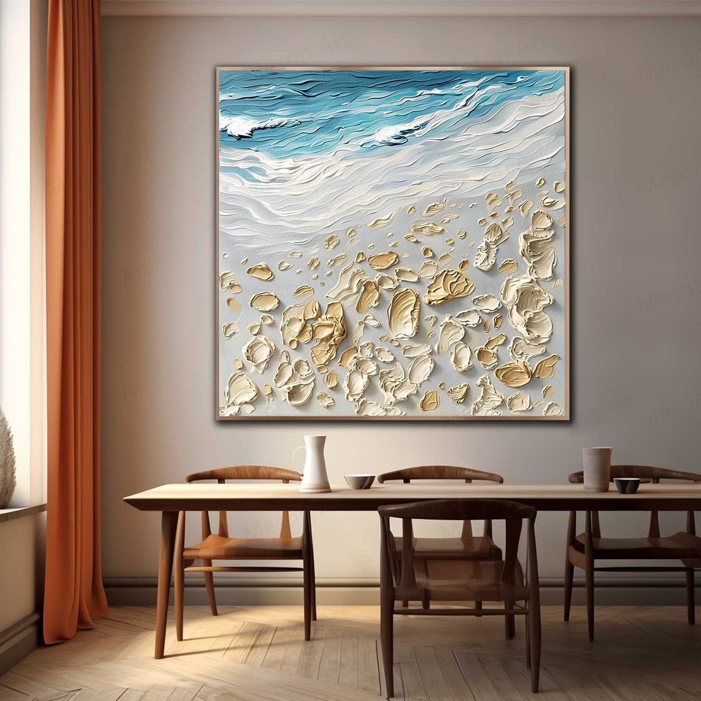 Textured Coastal Scene Oil Painting with Beach and Waves