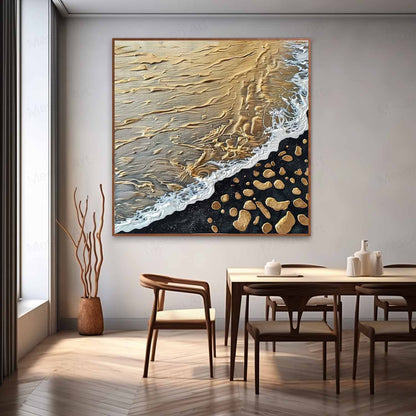 Golden Beach Waves Abstract Oil Painting with Textured Details