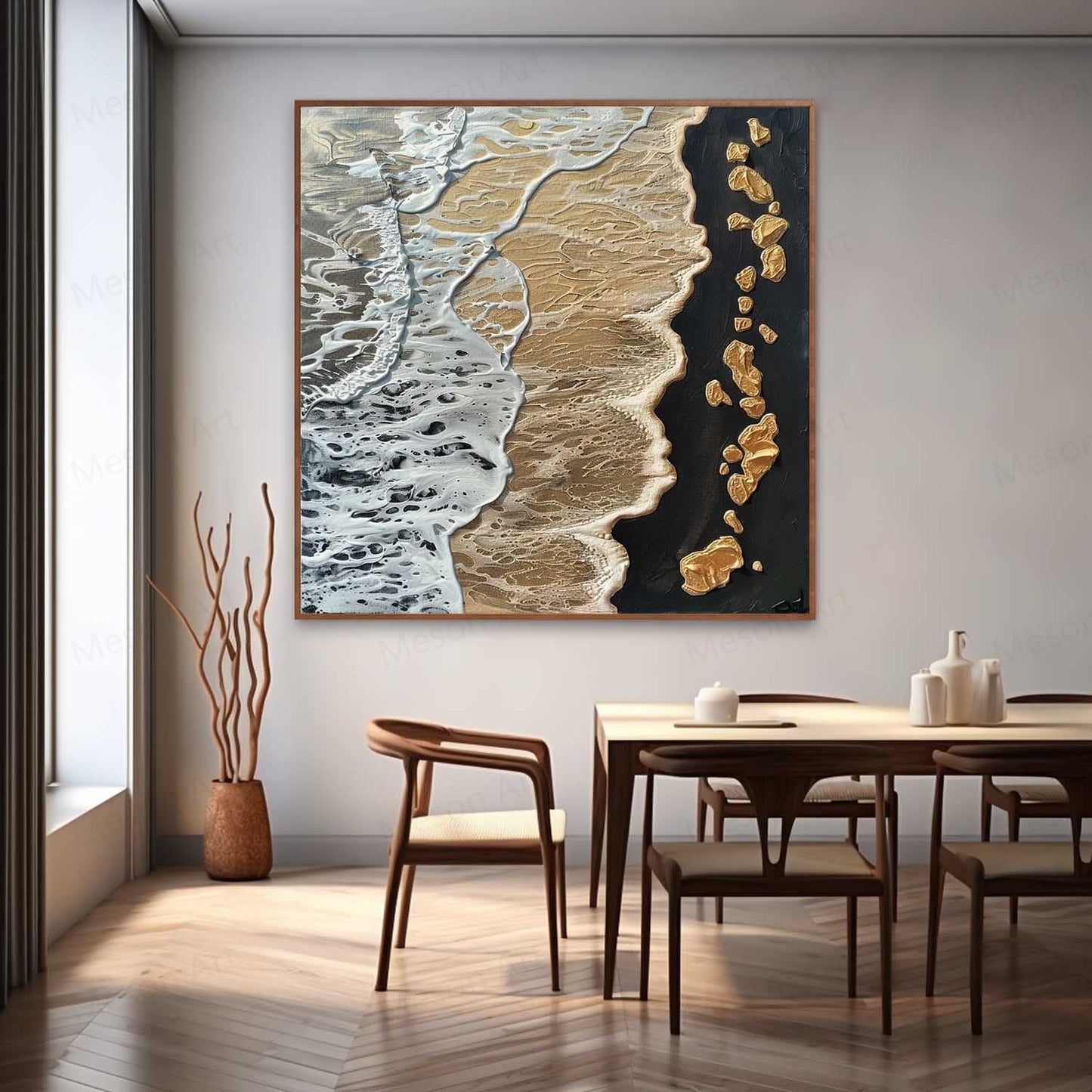Textured Coastal Waves Oil Painting with Golden Accents for Modern Decor