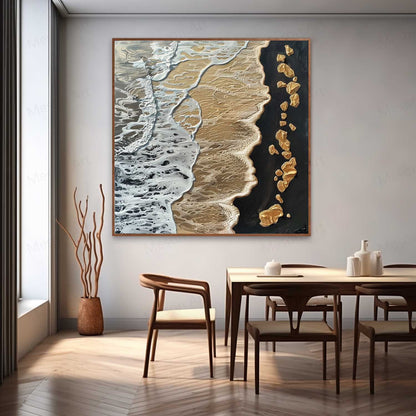 Textured Coastal Waves Oil Painting with Golden Accents for Modern Decor