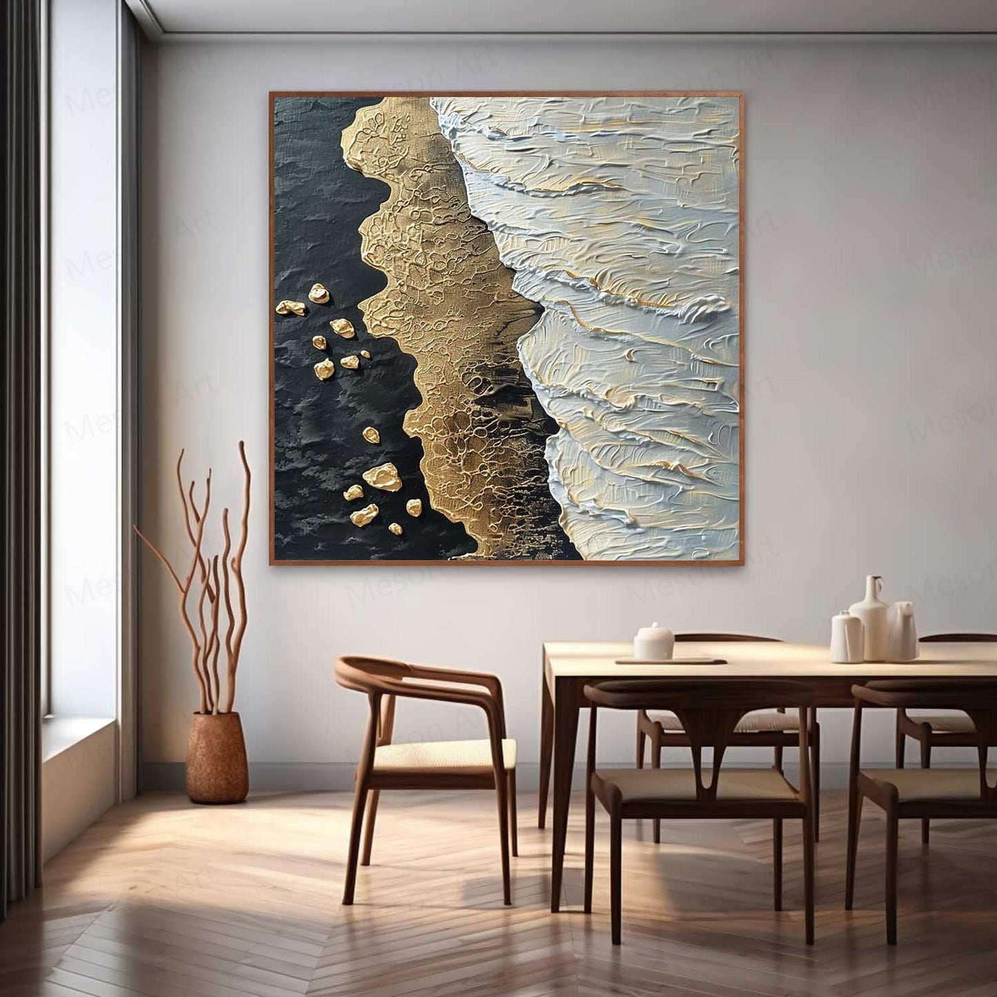 Textured Coastal Abstract Oil Painting with Gold and White Accents