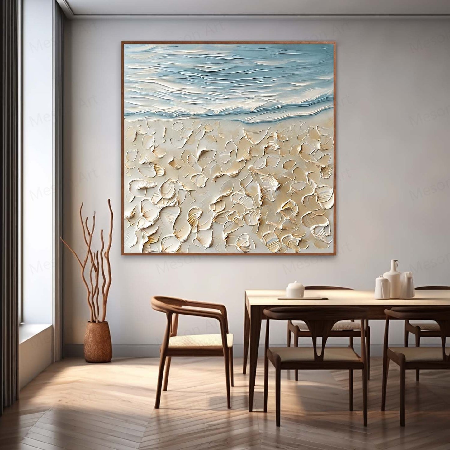 Textured Seascape Oil Painting with Coastal Elements and Soft Blue Tones