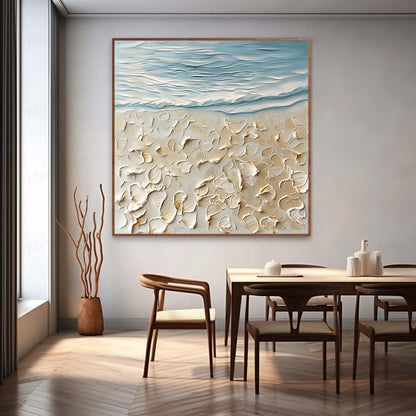 Textured Seascape Oil Painting with Coastal Elements and Soft Blue Tones