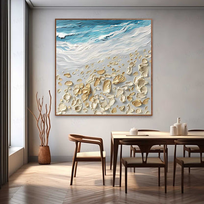 Textured Coastal Scene Oil Painting with Beach and Waves
