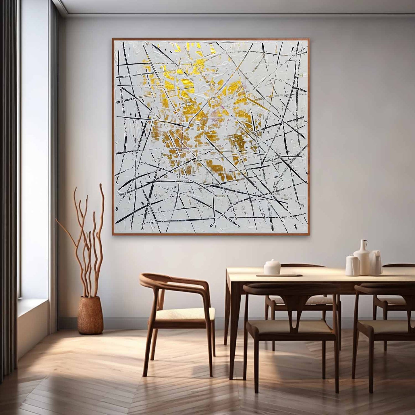 Stunning Gold-Accent Abstract Expressionist Oil Painting for Modern Decor