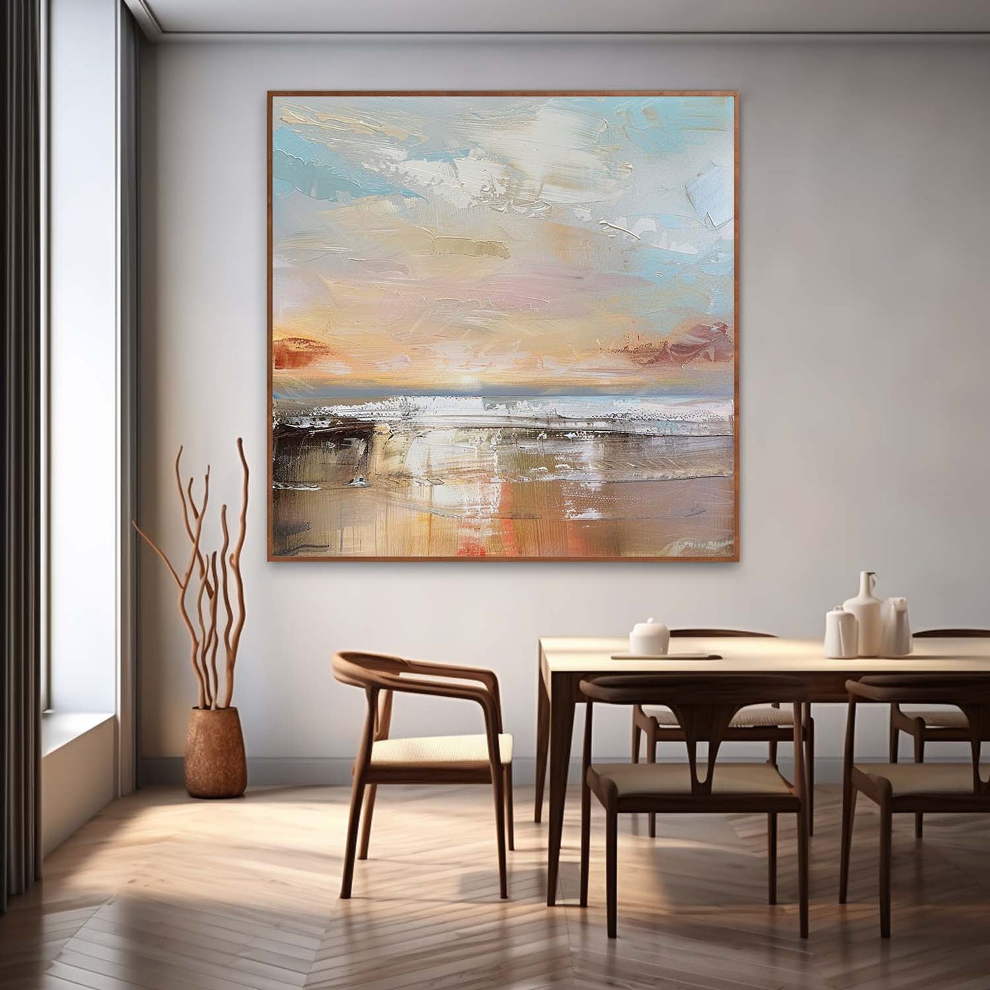 Serene Coastal Landscape Oil Painting with Soft Pastel Hues for Home Decor