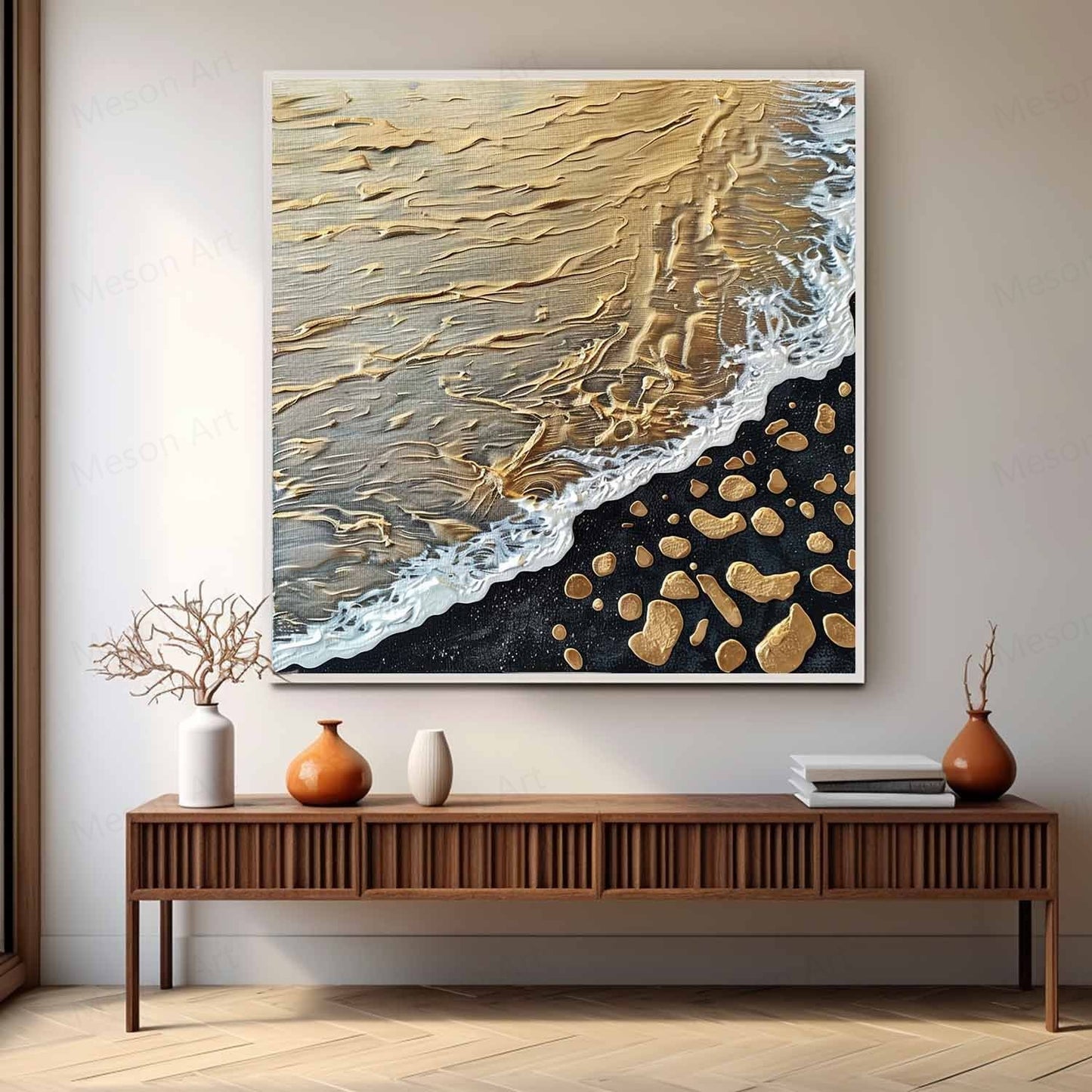 Golden Beach Waves Abstract Oil Painting with Textured Details