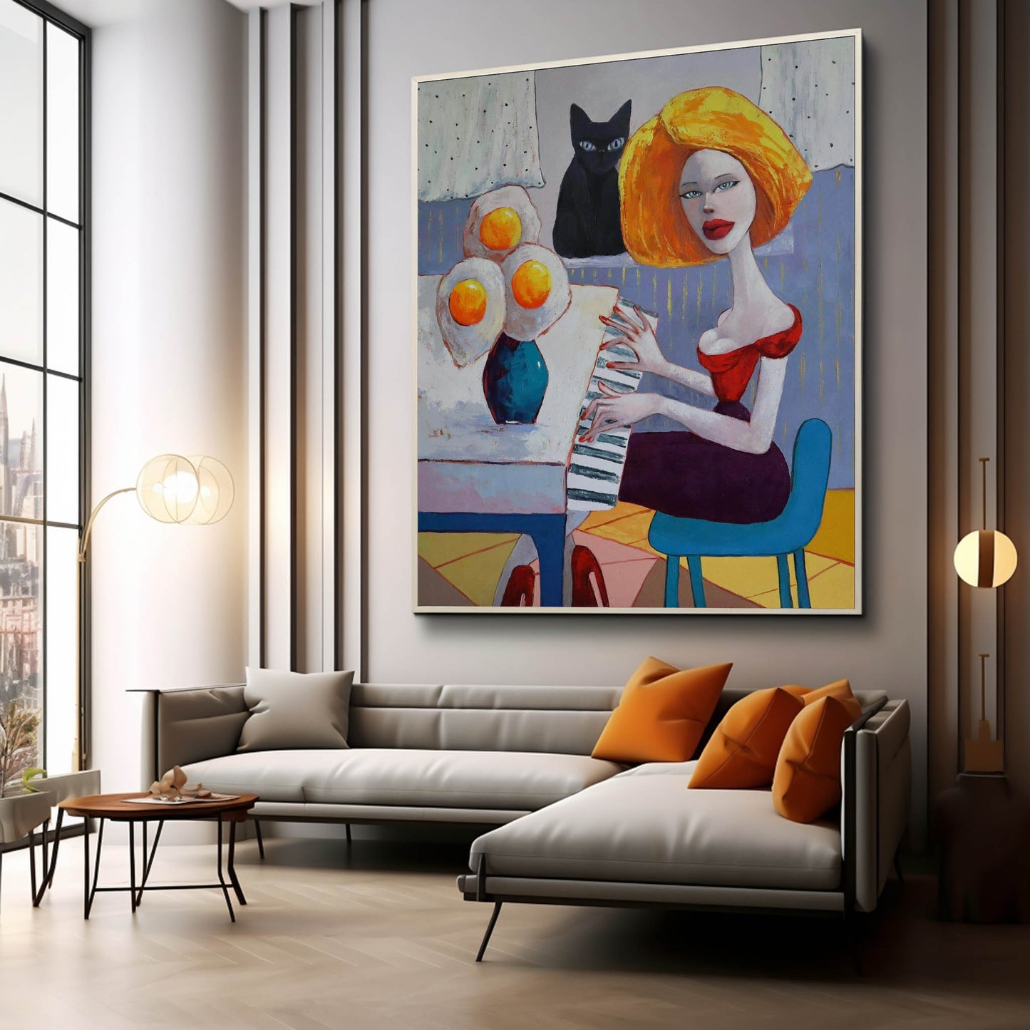 Vibrant Pop Art Woman Playing Piano with Cat and Flowers in Bold Colors