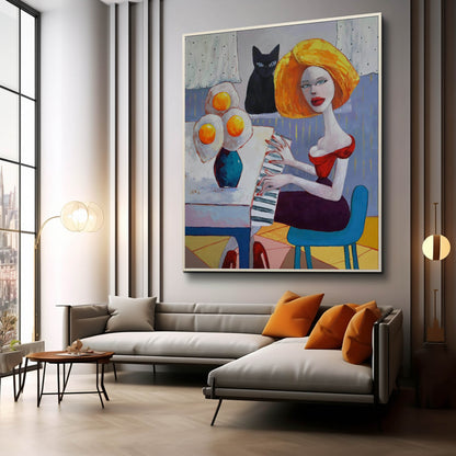 Vibrant Pop Art Woman Playing Piano with Cat and Flowers in Bold Colors
