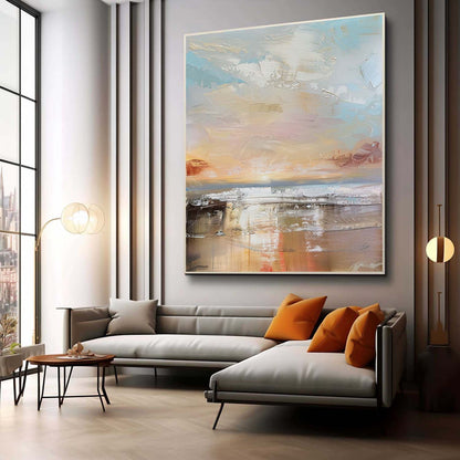 Serene Coastal Landscape Oil Painting with Soft Pastel Hues for Home Decor