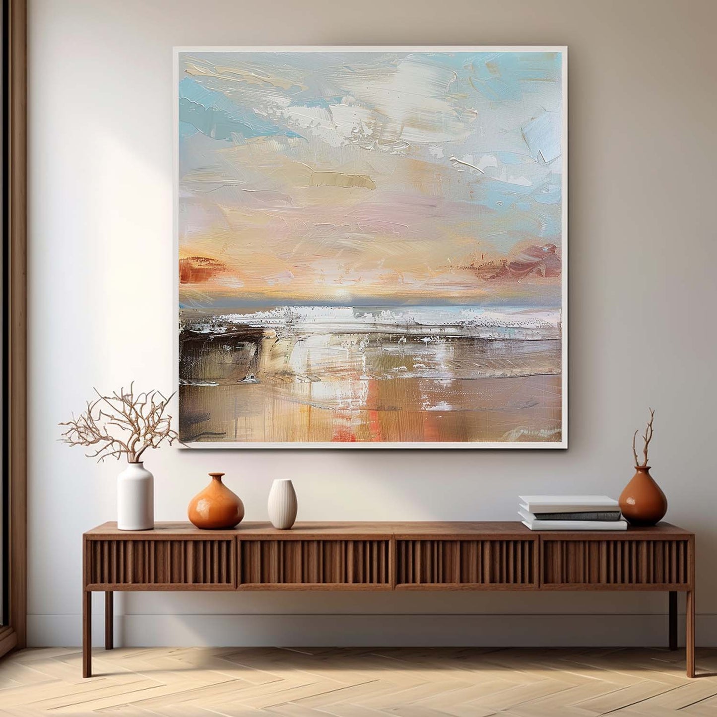 Serene Coastal Landscape Oil Painting with Soft Pastel Hues for Home Decor