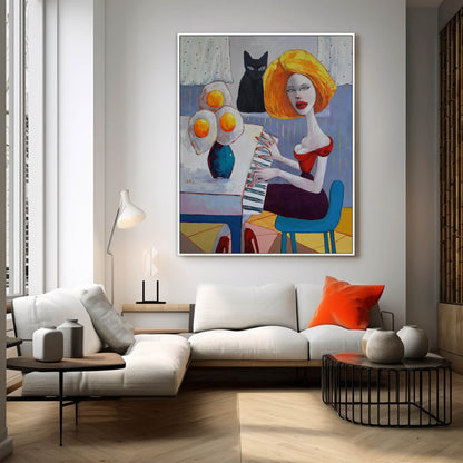 Vibrant Pop Art Woman Playing Piano with Cat and Flowers in Bold Colors