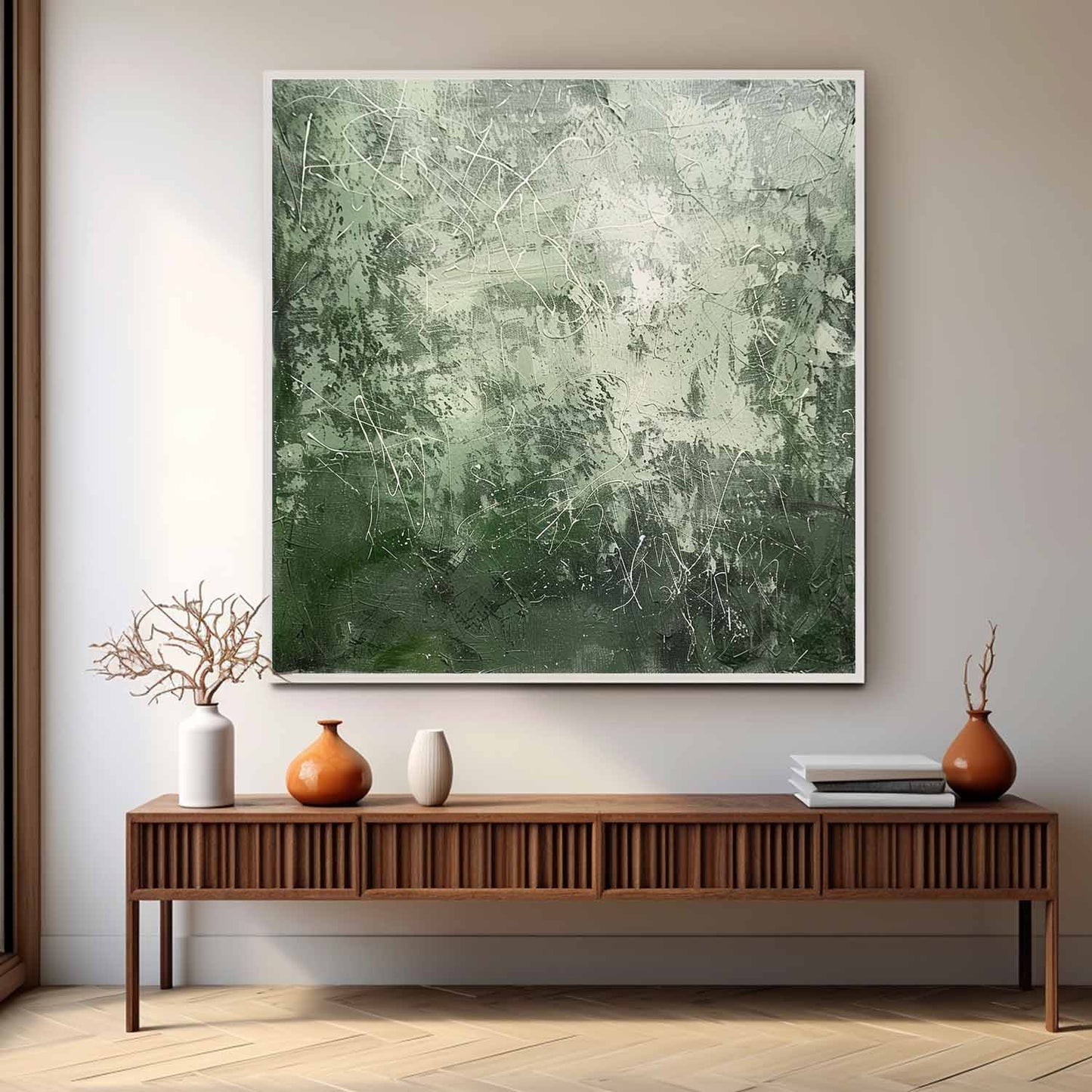 Serene Green Abstract Expressionist Oil Painting for Modern Decor