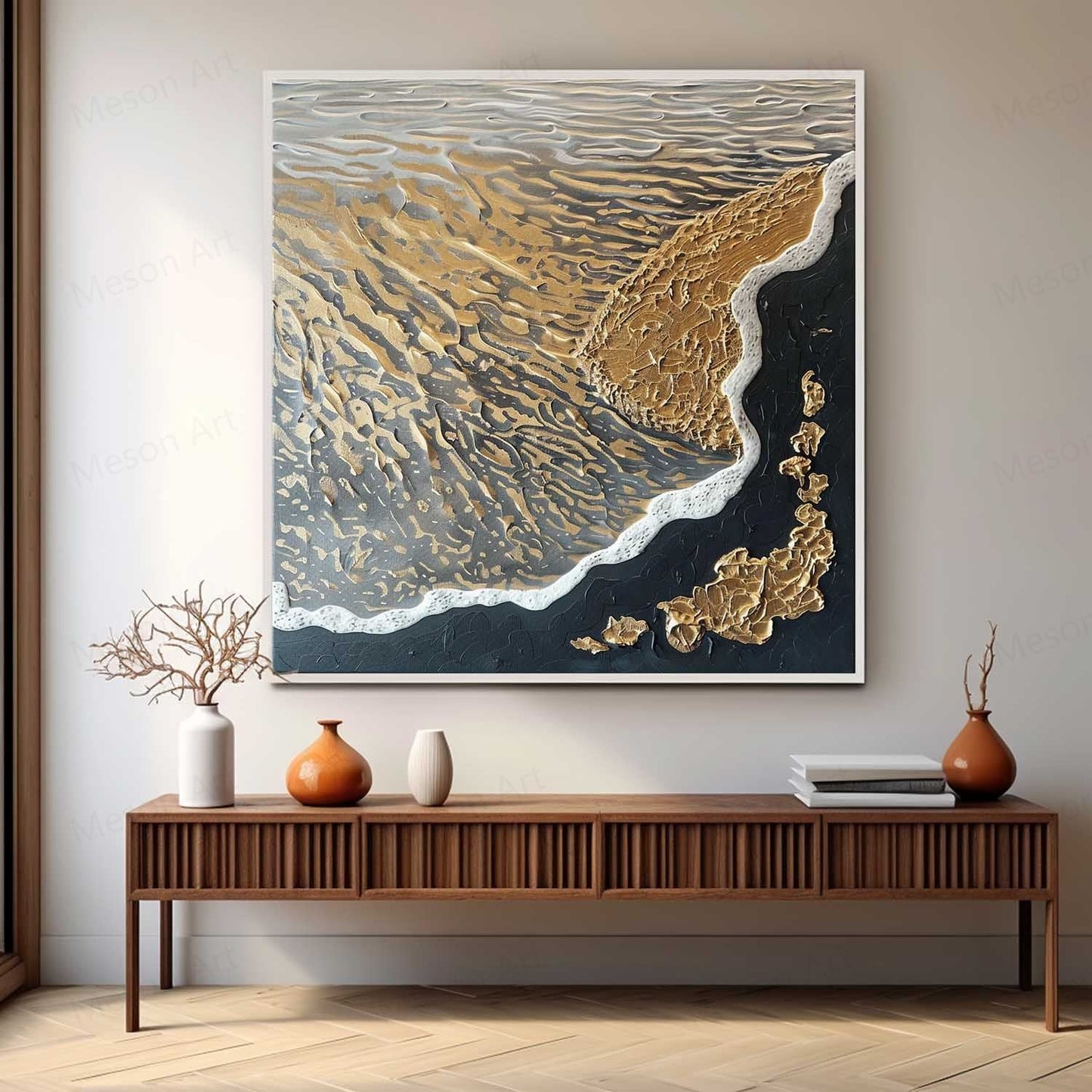Textured Abstract Oil Painting of Waves and Shoreline in Gold and Black Tones