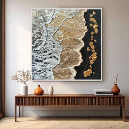 Textured Coastal Waves Oil Painting with Golden Accents for Modern Decor