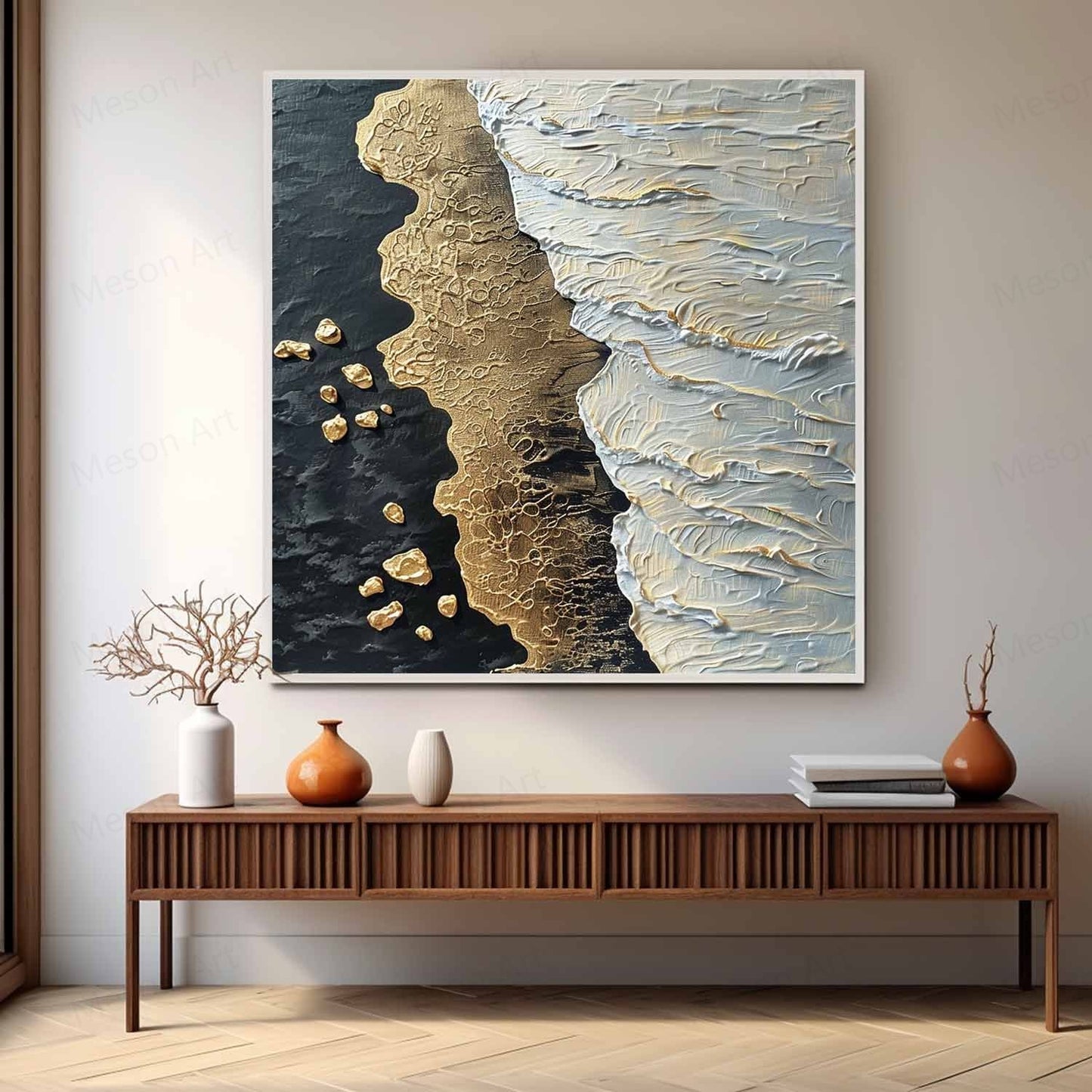 Textured Coastal Abstract Oil Painting with Gold and White Accents