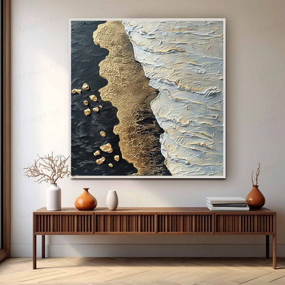 Textured Coastal Abstract Oil Painting with Gold and White Accents