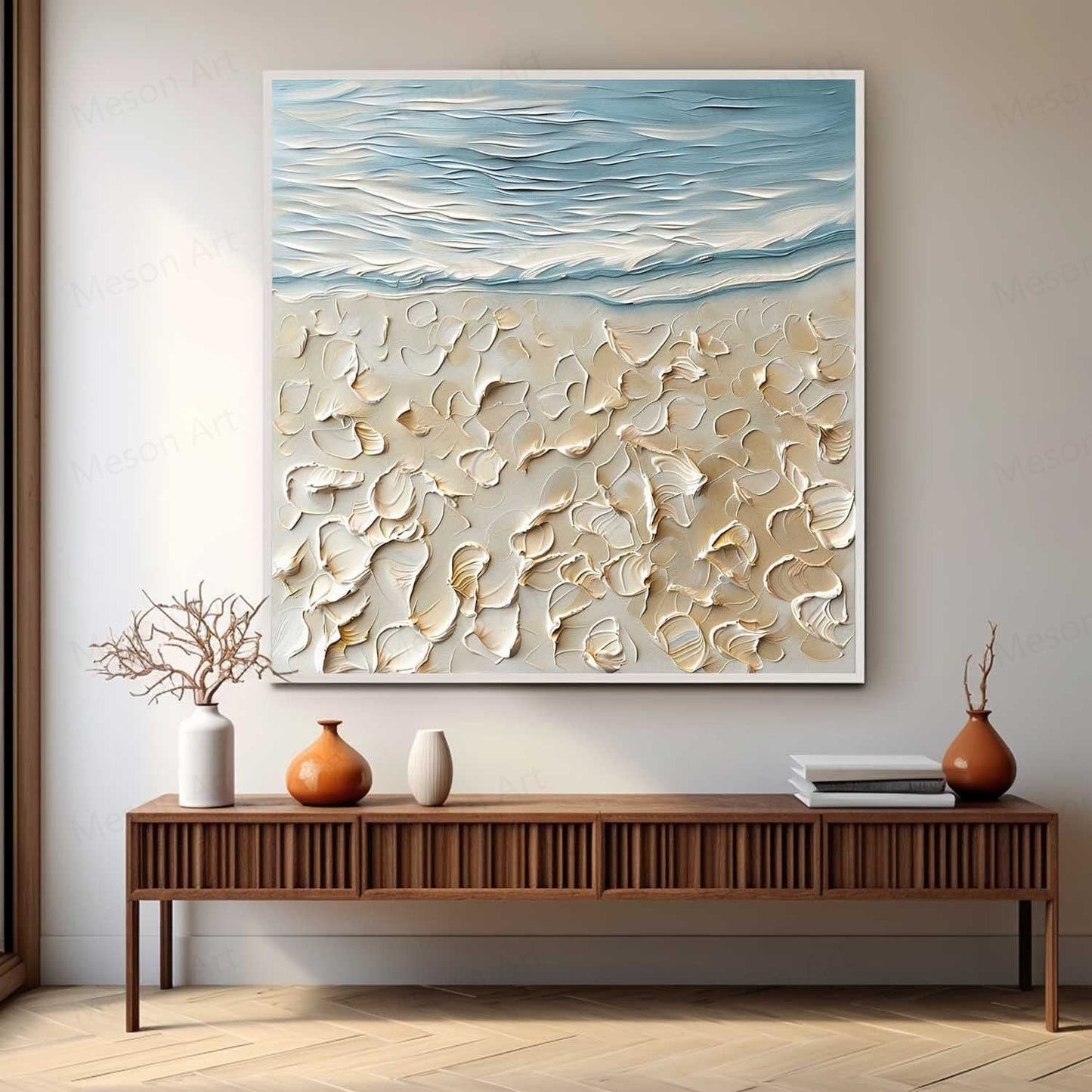 Textured Seascape Oil Painting with Coastal Elements and Soft Blue Tones
