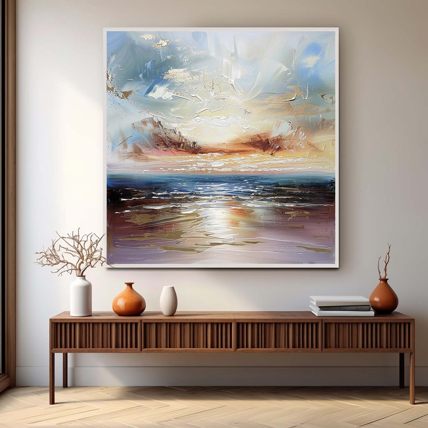 Serene Coastal Sunset Oil Painting for Elegant Home Decor