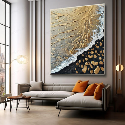 Golden Beach Waves Abstract Oil Painting with Textured Details