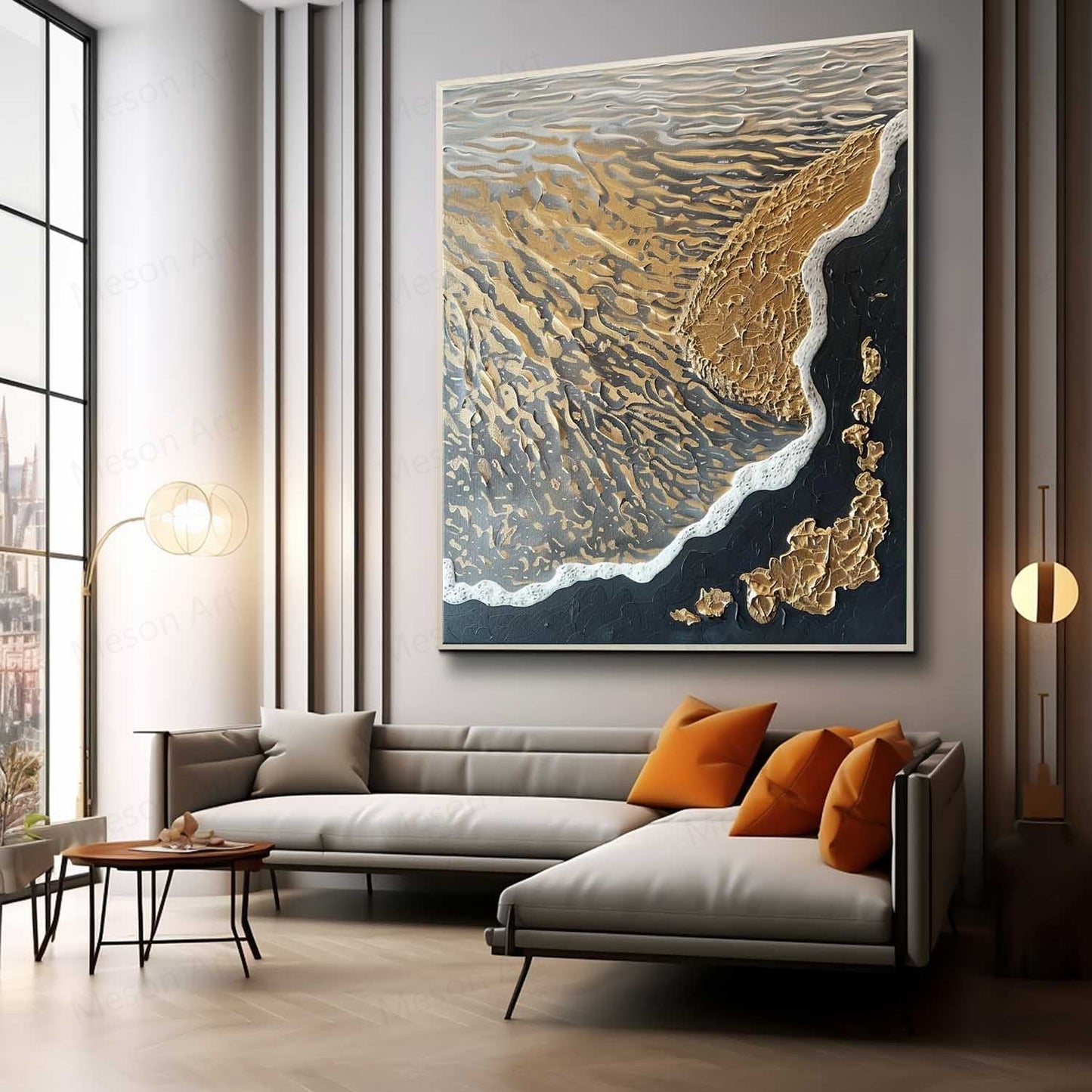 Textured Abstract Oil Painting of Waves and Shoreline in Gold and Black Tones