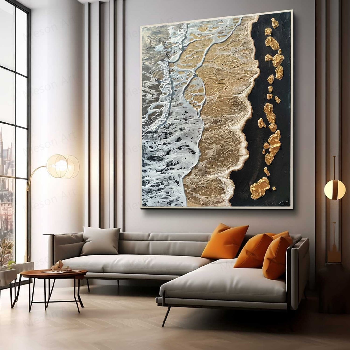 Textured Coastal Waves Oil Painting with Golden Accents for Modern Decor