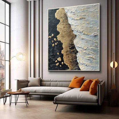 Textured Coastal Abstract Oil Painting with Gold and White Accents