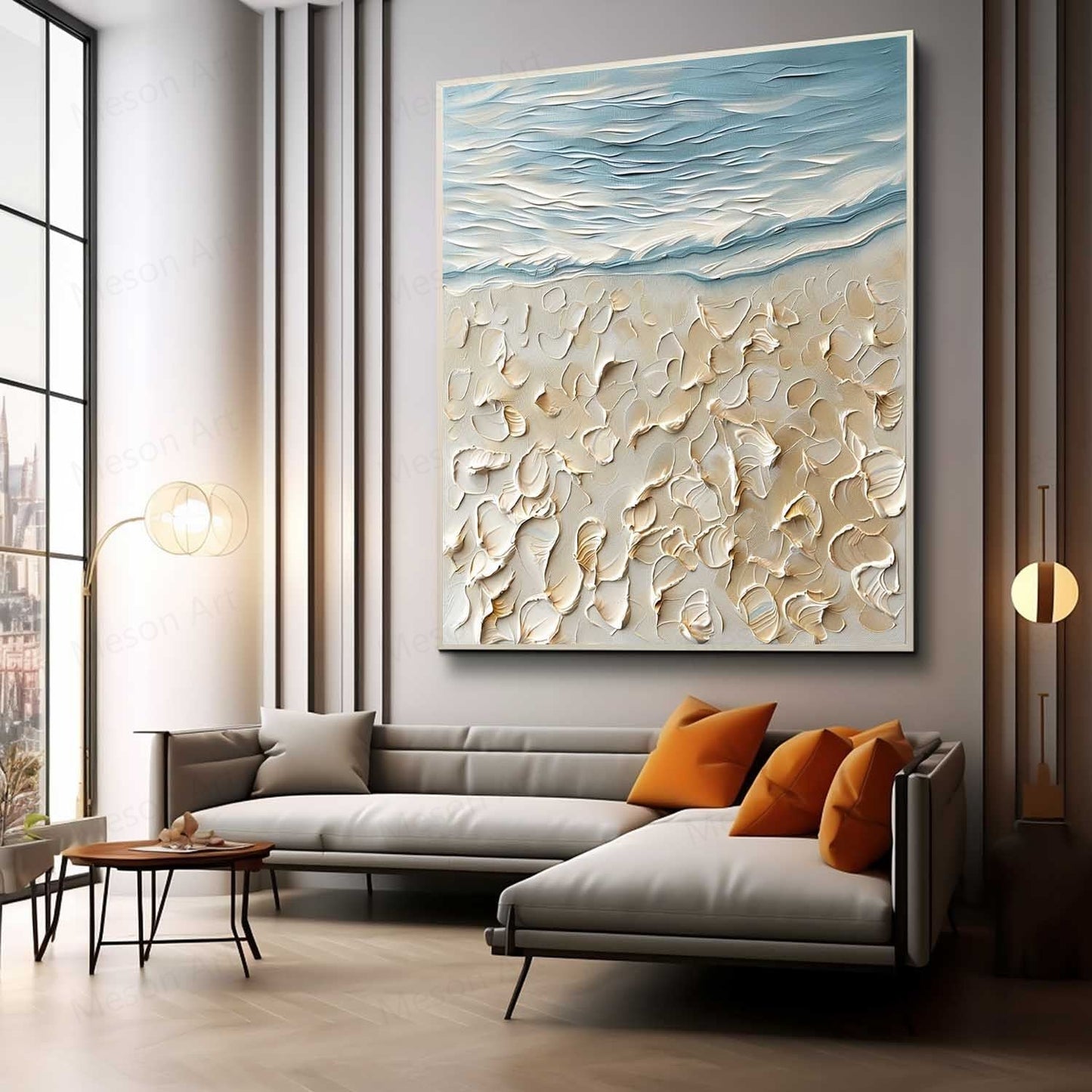 Textured Seascape Oil Painting with Coastal Elements and Soft Blue Tones