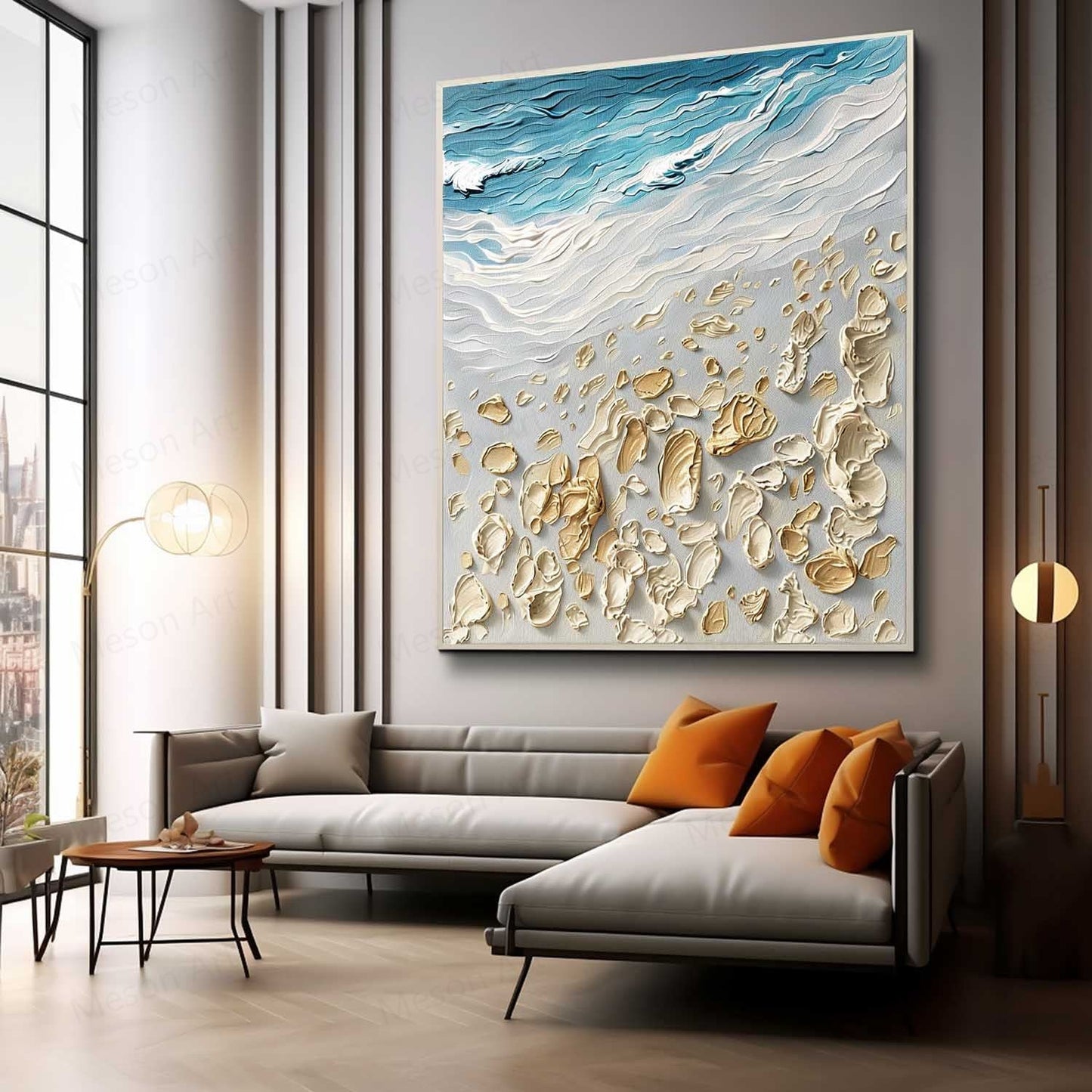 Textured Coastal Scene Oil Painting with Beach and Waves