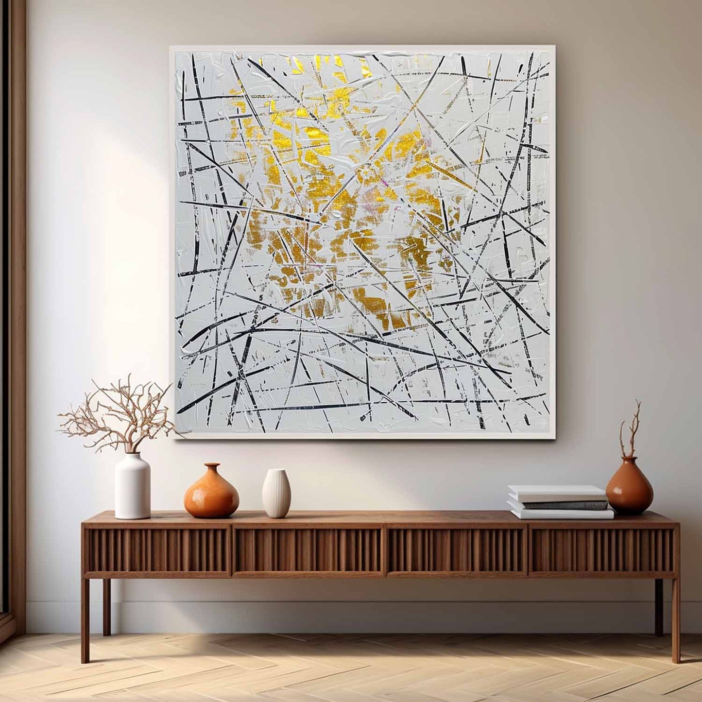 Stunning Gold-Accent Abstract Expressionist Oil Painting for Modern Decor