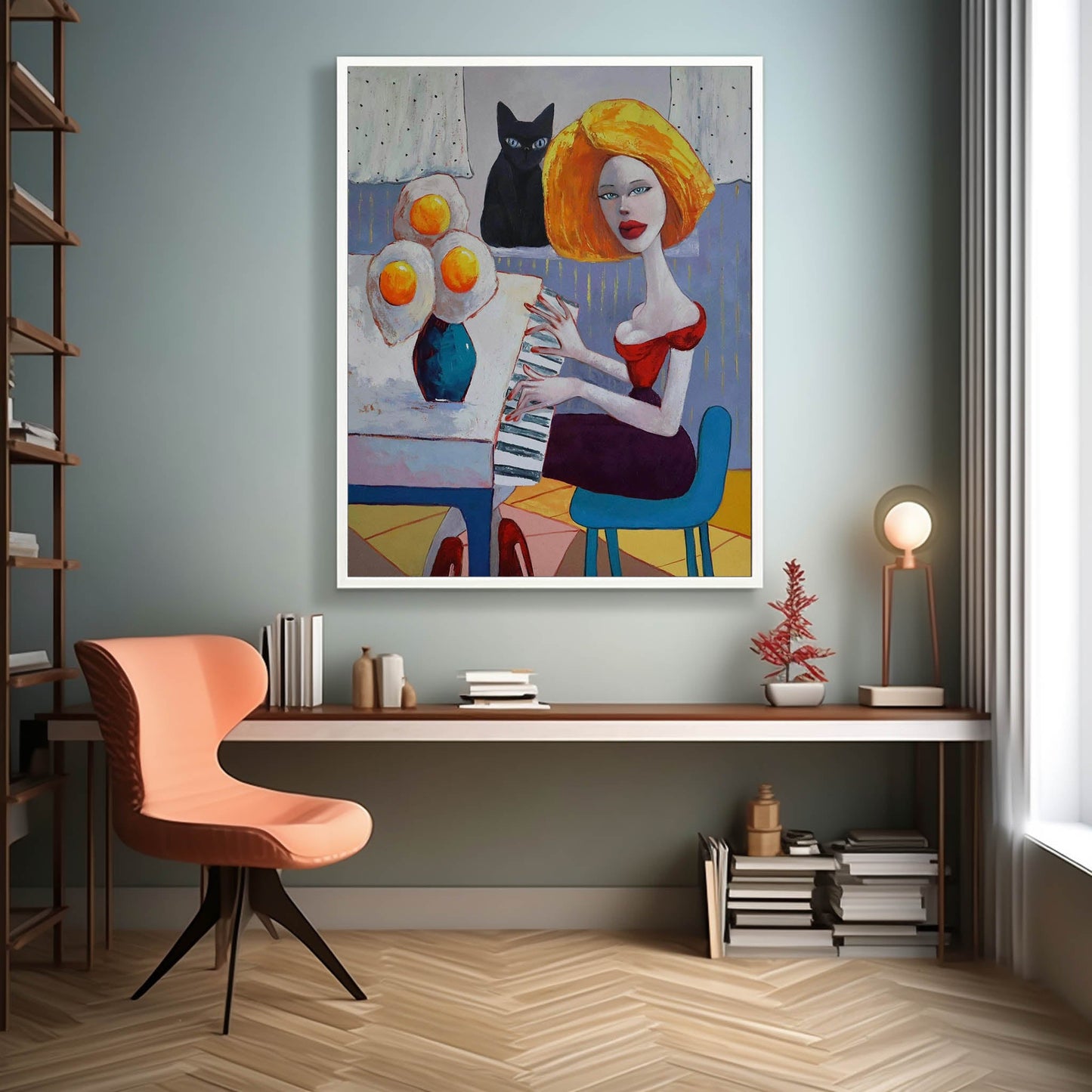 Vibrant Pop Art Woman Playing Piano with Cat and Flowers in Bold Colors