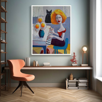 Vibrant Pop Art Woman Playing Piano with Cat and Flowers in Bold Colors