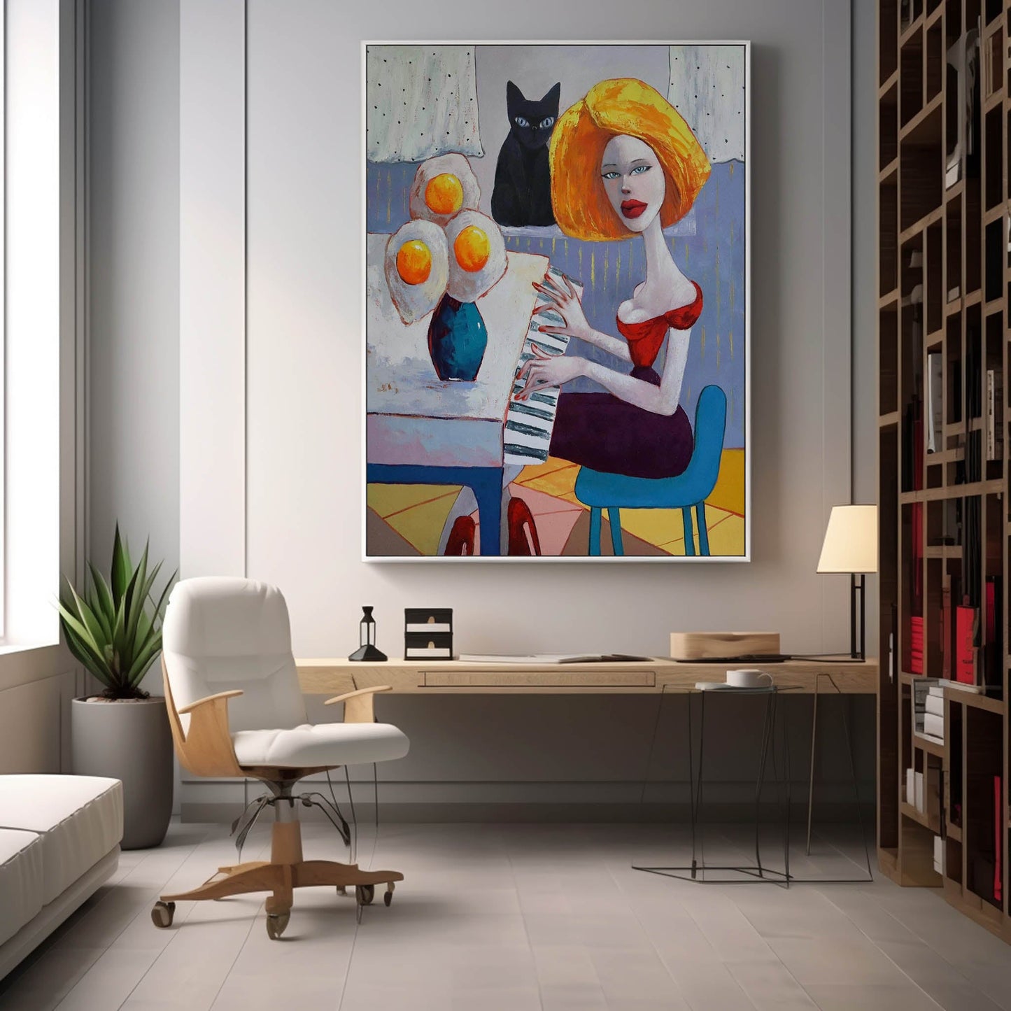 Vibrant Pop Art Woman Playing Piano with Cat and Flowers in Bold Colors