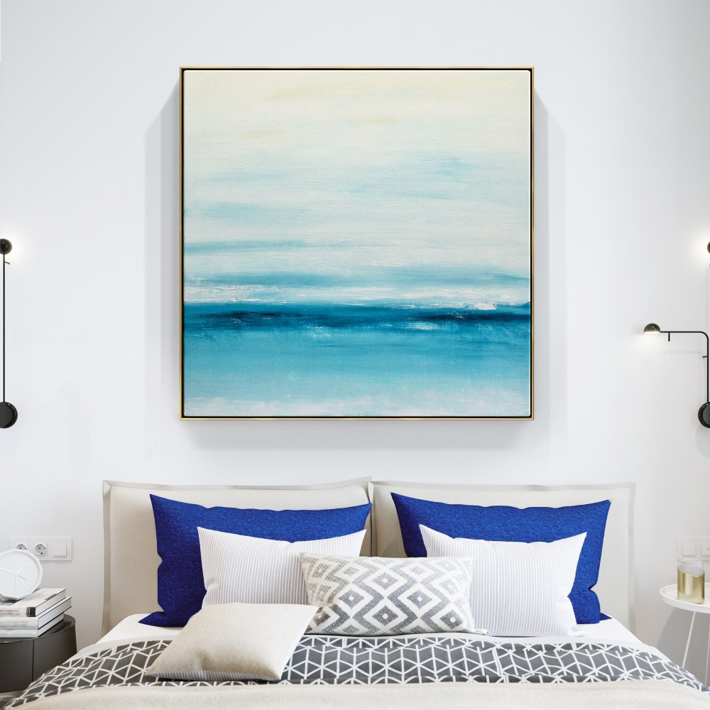 Serene Coastal Blue Horizon Oil Painting for Tranquil Home Decor