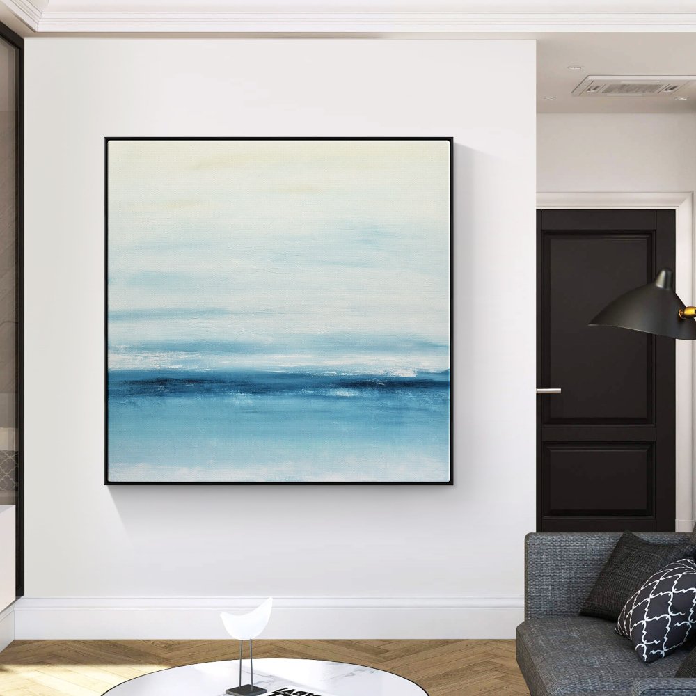 Serene Coastal Blue Horizon Oil Painting for Tranquil Home Decor