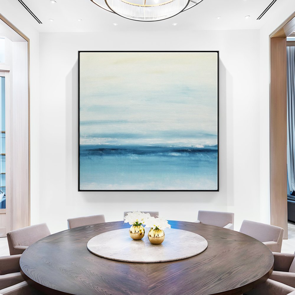 Serene Coastal Blue Horizon Oil Painting for Tranquil Home Decor